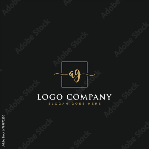 Initials signature letters AG linked inside minimalist luxurious square line border vector logo gold color design for brand, identity, invitations, hotel, boutique, jewelry, photography, company signs