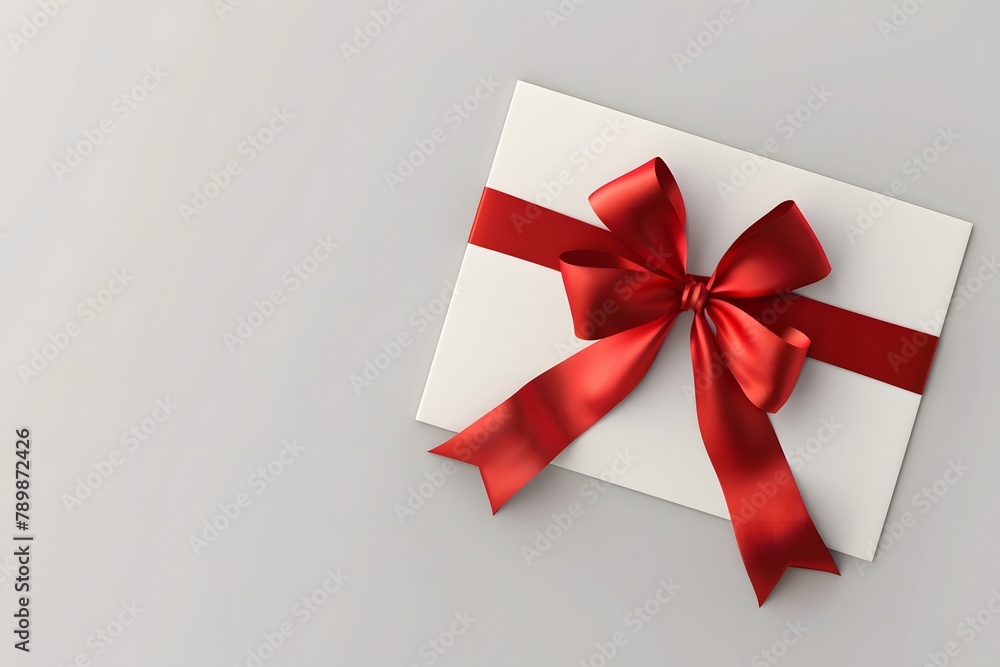 A red ribbon is tied around a white envelope. The ribbon is tied in a bow and the envelope is sitting on a grey background