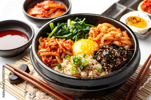 Delicious bibimbap served in a hot stone bowl with side dishes.