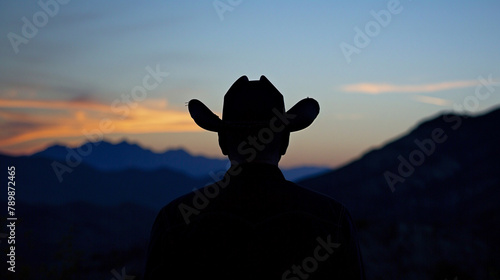 A mysterious silhouette in a cowboy hat, framed against a dramatic mountain range at dusk.