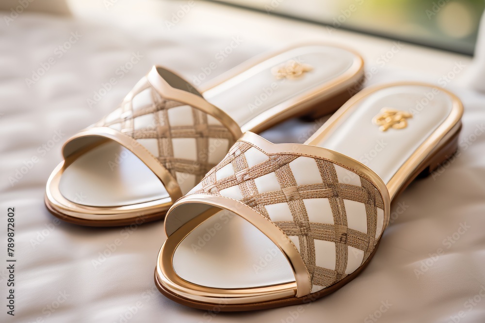 Close-up shot capturing the intricate details of taupe and beige colored cozy home slippers Close-up shot capturing the intricate details of taupe and beige colored cozy home slippers