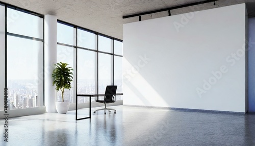 Minimalistic Office Interior  3D Rendering Mockup with Large Windows