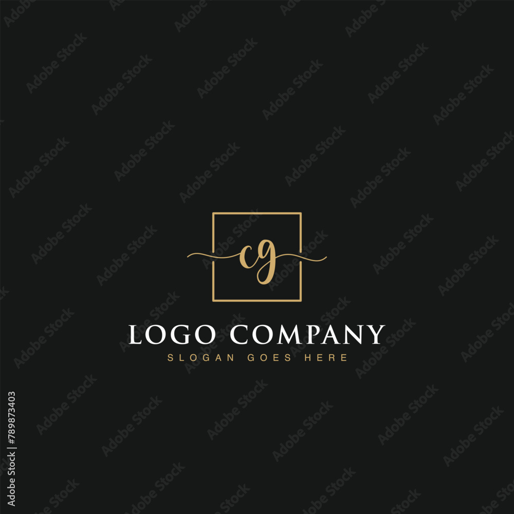 Initials signature letters CG linked inside minimalist luxurious square line border vector logo gold color design for brand, identity, invitations, hotel, boutique, jewelry, photography, company signs Initials signature letters CG linked inside minimalist luxurious square line border vector logo gold color design for brand, identity, invitations, hotel, boutique, jewelry, photography, company signs