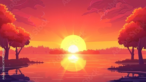 An evening heaven view with shining sun on the water, sunset on a lake under red sky, trees surrounding the pond. Cartoon modern illustration of the sun setting over a lake.