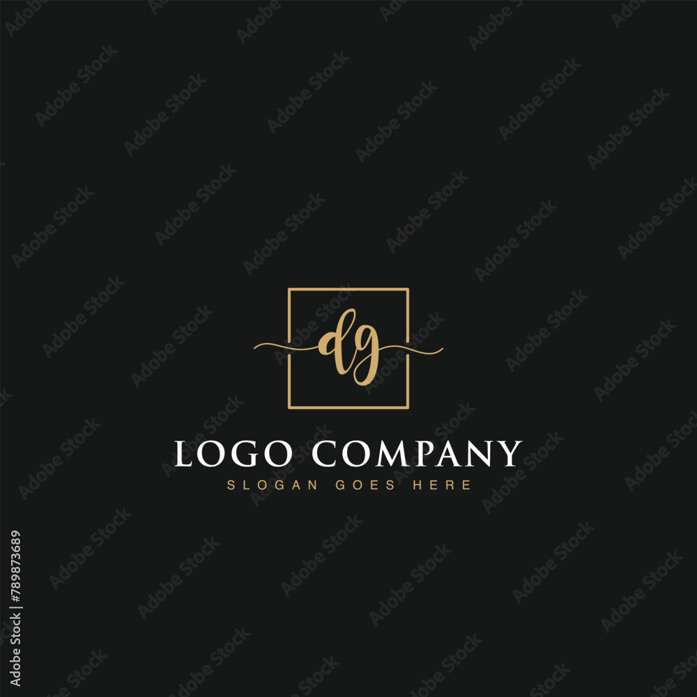 Initials signature letters DG linked inside minimalist luxurious square line border vector logo gold color design for brand, identity, invitations, hotel, boutique, jewelry, photography, company signs