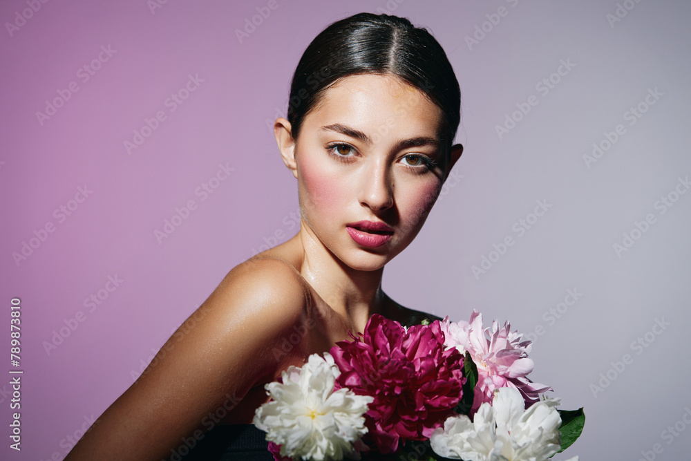 caucasian woman pink portrait face girl flower make-up model beauty blush