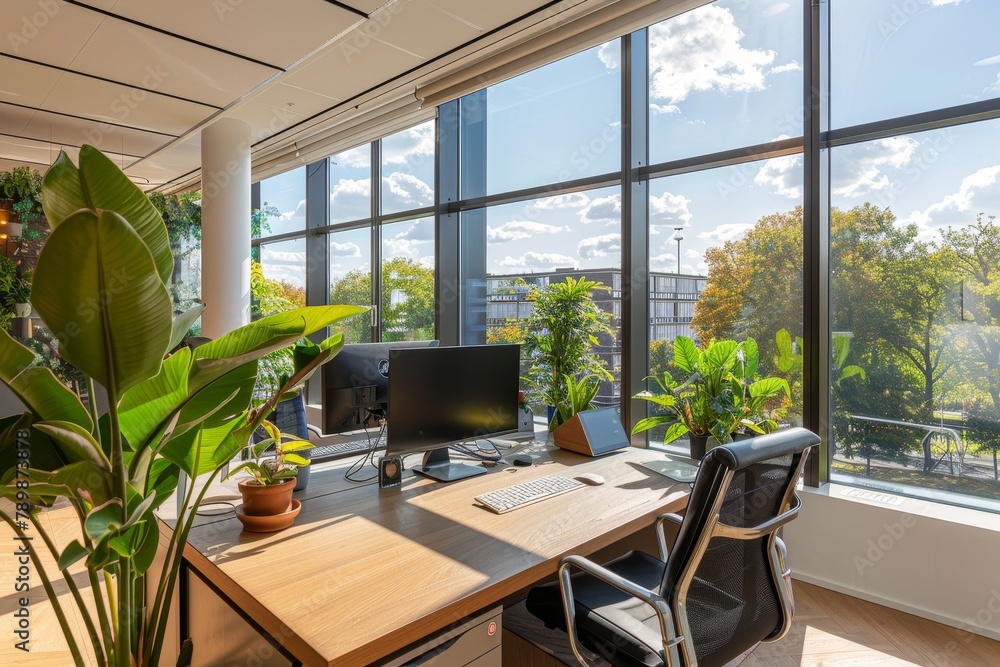Documentary photography style of a modern office space, with a spacious work area bathed in natural light, emphasizing a productive and airy atmosphere