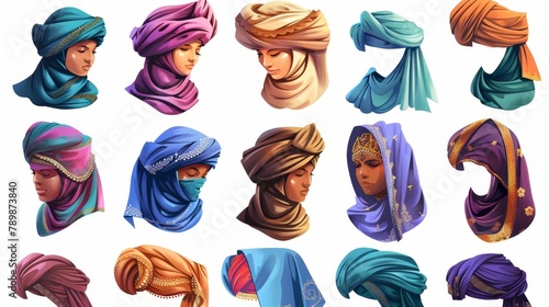 Headwear collection for men and women, oriental and Indian wrap hats, cartoon modern illustration, clipart, arabic scarf for women, and pagdi for men. photo