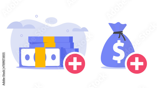 Money topup icon, cash deposit addition element graphic illustration set flat cartoon, account currency balance extra add top up for banking wallet app, place finances symbol image clipart modern