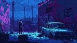 A graffiti painter in a night ghetto cartoon banner. Boy paints on brick wall with aerosol in a dark cityscape with broken cars.