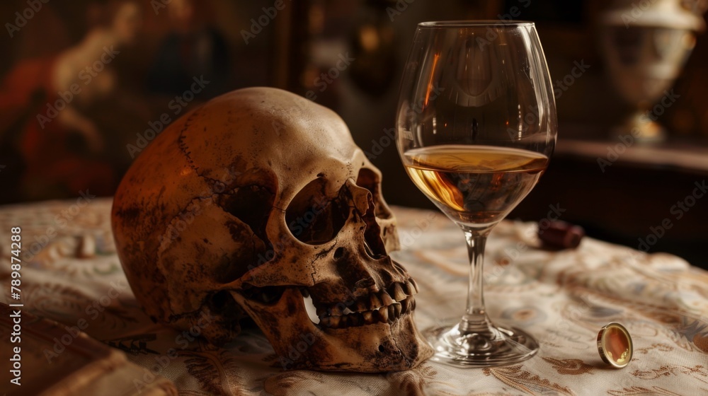 Obraz premium A skull and a glass of wine on a table