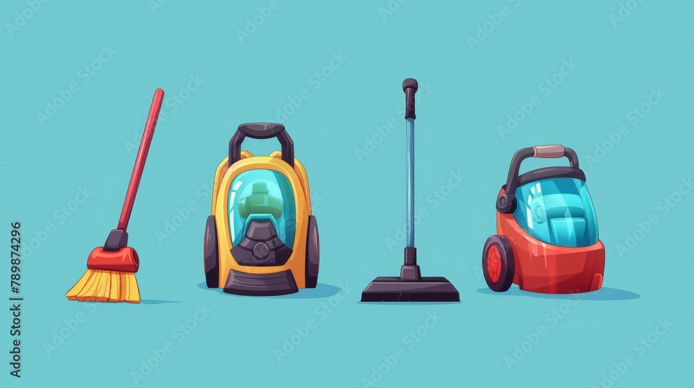 The icons of a broom and a vacuum cleaner represent cleaning - obrazy, fototapety, plakaty 