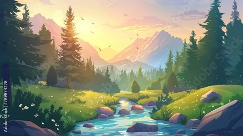 Summer forest with river, grass and mountains on the background. Sunset scene of natural park with streams of water. Modern cartoon evening landscape with spruce trees, stones, and brooks.
