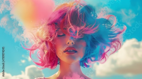 A woman with pink and blue hair blowing in the wind