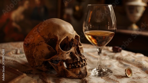 A skull and a glass of wine on a table