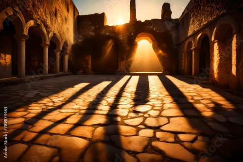 a castle courtyard at sunrise  with golden light casting long shadows on ancient stones.