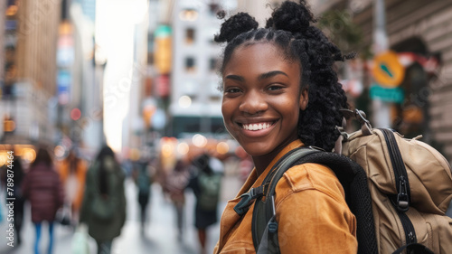 A young woman is smiling while walking down a busy street in New York City.