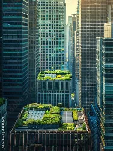 An aerial view of a green roof in an urban setting. photo