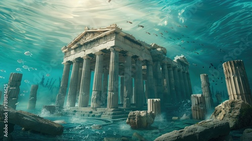 An ancient Greek temple is seen in a state of disrepair, half-submerged in the ocean. photo