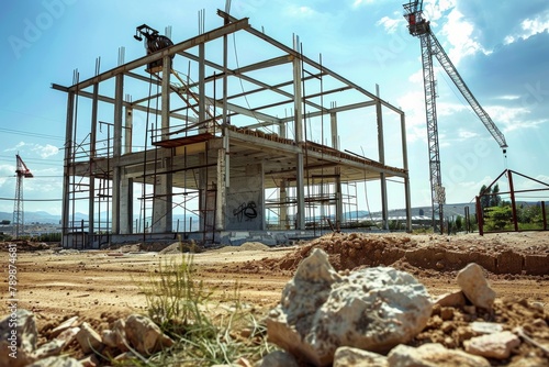 Active construction site with workers, machines, and scaffolding progressing.