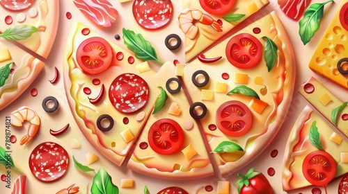 Seamless pizza textures, fast food repeated patterns. 3d backgrounds with cheese, salami, olives, tomato and shrimp. Graphic UI or Gui layers design, closeup modern illustration.