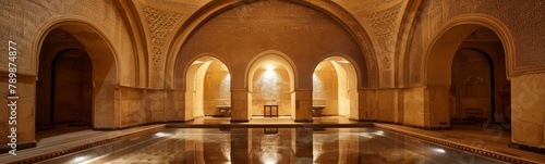 Pool in a building with arches and a mirror. Hammam background. Banner