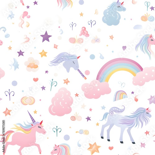 Seamless pattern of cute pastel pattern with unicorns, rainbows, and stars white background