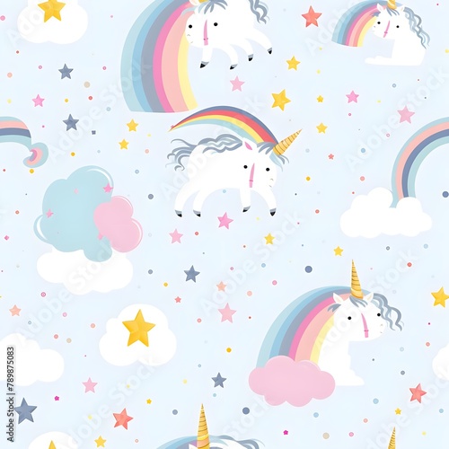 Seamless pattern of cute pastel pattern with unicorns, rainbows, and stars white background