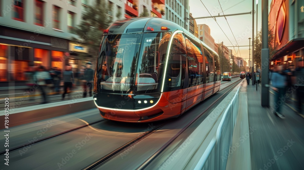 A light rail tram is in motion on a city street with blurred motion of people walking on the sidewalk.