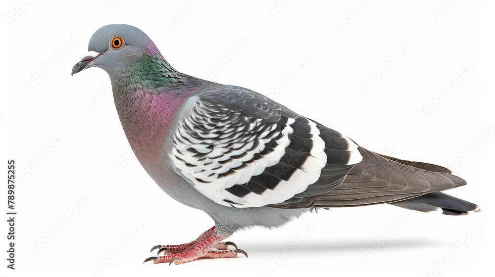 The common wood pigeon (Columba palumbus), also known as simply wood pigeon, is a large species in the dove and pigeon family. on a white background The common wood pigeon (Columba palumbus), also known as simply wood pigeon, is a large species in the dove and pigeon family. on a white background