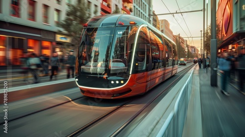 A light rail tram is in motion on a city street with blurred motion of people walking on the sidewalk.