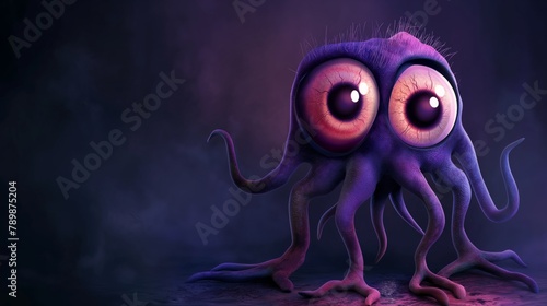 Scary cartoon style monster, spooky character with big eye on dark background. High quality illustration.