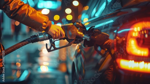 Man driver hand refilling and pumping gasoline oil the car with fuel at he refuel station. Car refueling on petrol station. Close-up hand