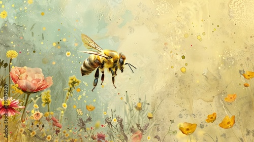 A bustling bee, pollendusted and vital, its path a zigzag of vibrant flowers against a muted, threatened landscape, in a style of watercolor photo