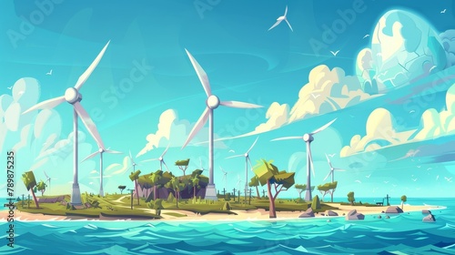 Renewable green sustainable power, save planet environment concept with offshore wind farm, renewable green sustainable power with turbines in sea or ocean, Cartoon modern illustration.