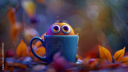 Funny cartoon style coffee bean, spooky character with big eye on colorfull background. sitting in a coffe mug.