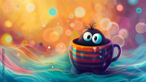 Funny cartoon style coffee bean, spooky character with big eye on colorfull background. sitting in a coffe mug.