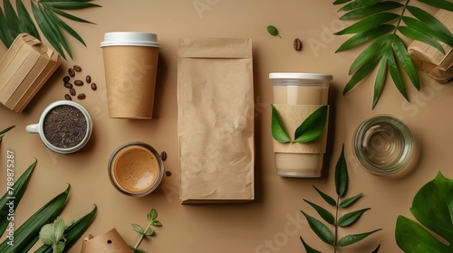 A variety of coffee cups and containers on a solid brown background with green leaves and coffee beans scattered around.