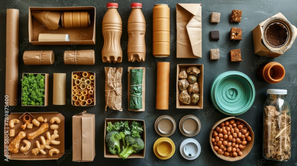 Various food items and containers made from eco-friendly materials Various food items and containers made from eco-friendly materials