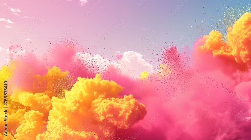 This is a Holi banner template that has a background with paints explosions, all with pink, yellow, and orange powder clouds. The border is a horizontal border in color splashes, with colorful