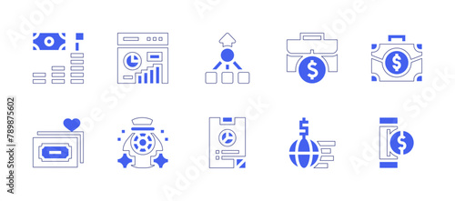 Finance icon set. Duotone style line stroke and bold. Vector illustration. Containing consolidate, stock, finance report, briefcase, earn money, economic, money bag, money, insert coin, analytics.