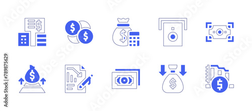 Finance icon set. Duotone style line stroke and bold. Vector illustration. Containing money bag, finance, focus, budget, money, cash withdrawal, loss, money loss.
