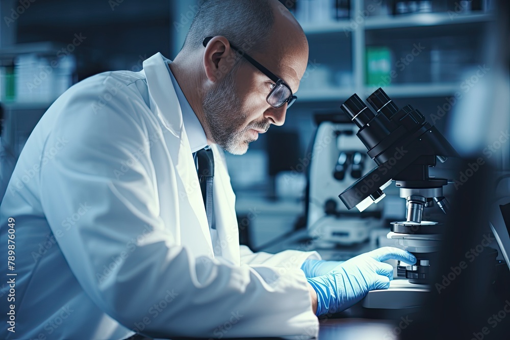 A man in a lab coat is carefully observing samples through a microscope in a laboratory setting. Generative AI A man in a lab coat is carefully observing samples through a microscope in a laboratory setting. Generative AI