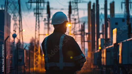 Electrician inspecting high-voltage transformers in a substation