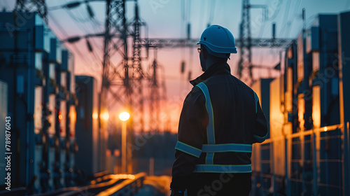 Electrician inspecting high-voltage transformers in a substation