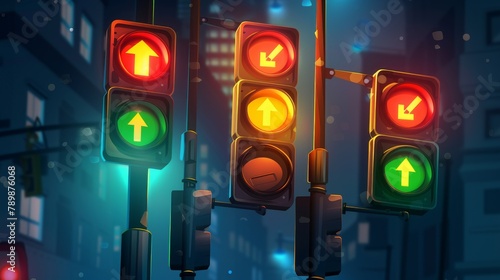 Modern realistic mockup of a road signal system with red, yellow, and green led lights on a street or highway.