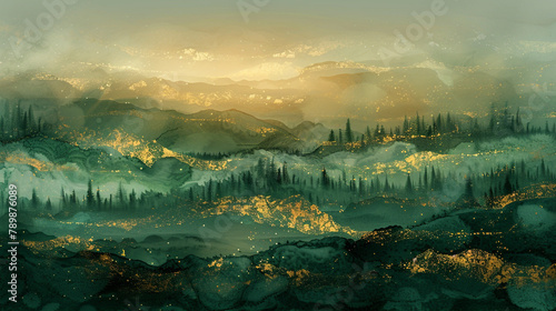 An abstract fluid art depicting a misty forest at dawn, with green and gold layers creating an ethereal landscape. Mystical and serene decor.