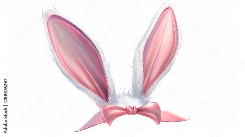 An illustration showing a bunny ears headband and a cute pink hare costume. White rabbit mask, isolated on white background with 3D icons.
