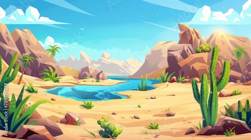 Cartoon illustration depicting a sand desert landscape with cactuses, a river, and mountains with blue water in an oasis in the African desert. © Mark