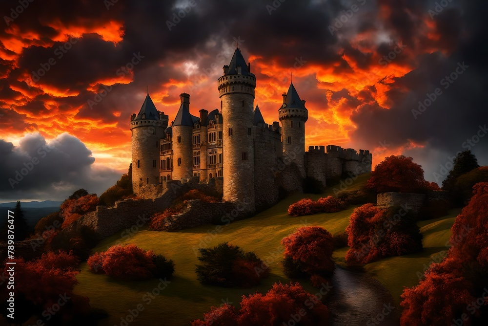 Fototapeta premium a majestic castle against a backdrop of fiery clouds, capturing the drama of a stormy evening.